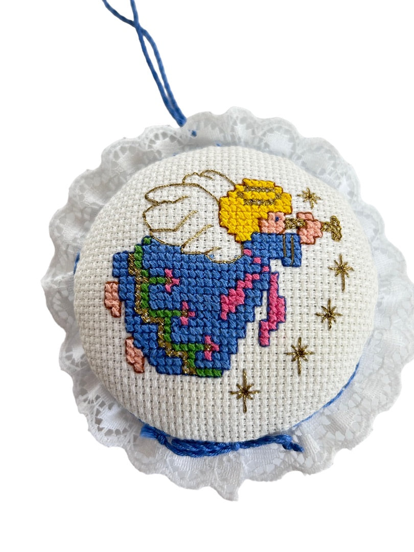Set of 3 Handmade Cross Stitch Holiday Ornament Angel Duck Horn 2" Diameter