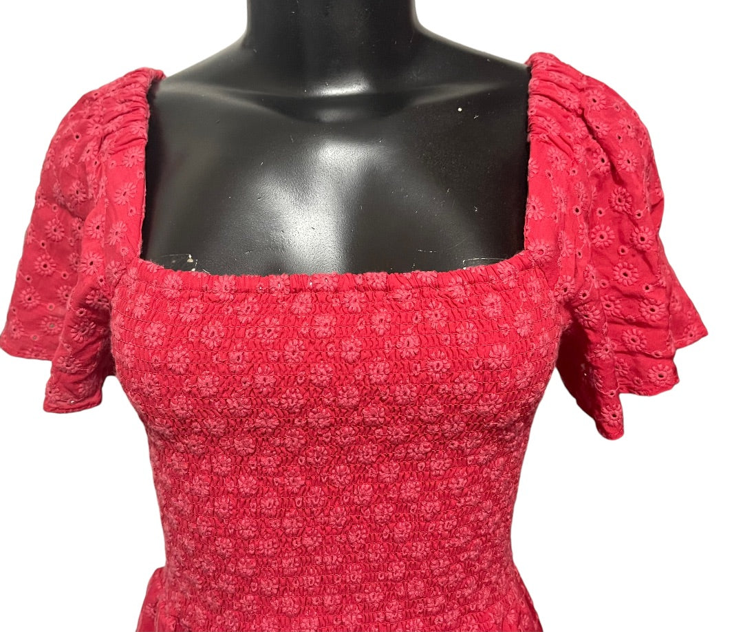 XS Madewell Eyelet Lucie Smocked Mini Dress Pockets Pink