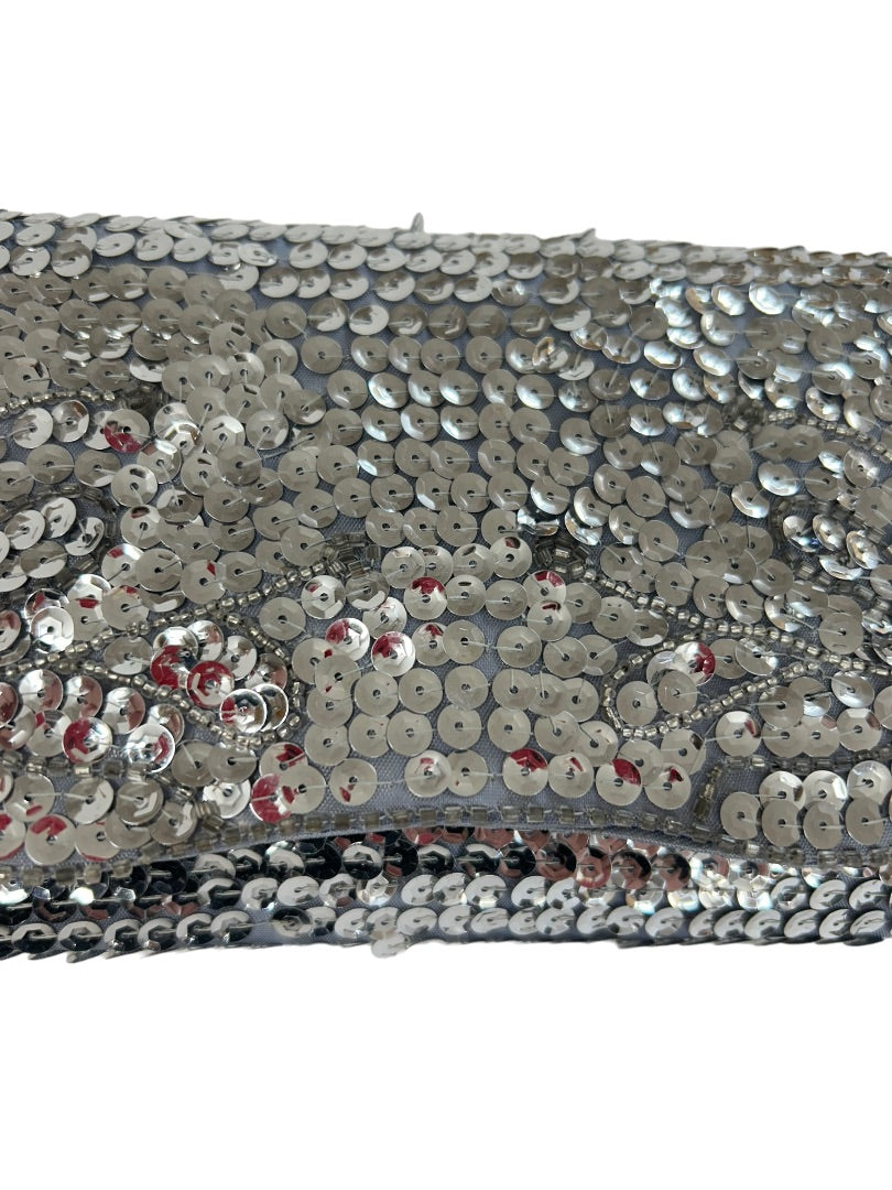 Vintage 1960s Silver Sequin Clutch Handbag Satin Interior 8" x 4.5"