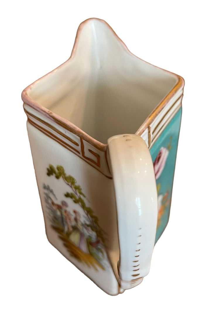 Vintage German Dresden Jug Pitcher Victorian Serenade Scene Handled Teal