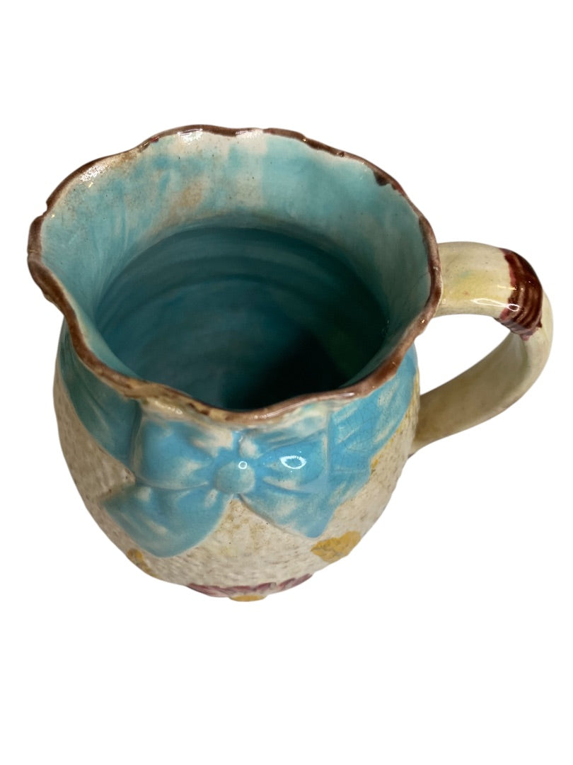 Antique Simon Fielding Majolica Pitcher Pottery Wildflower Blue Bow 4.5 Inch