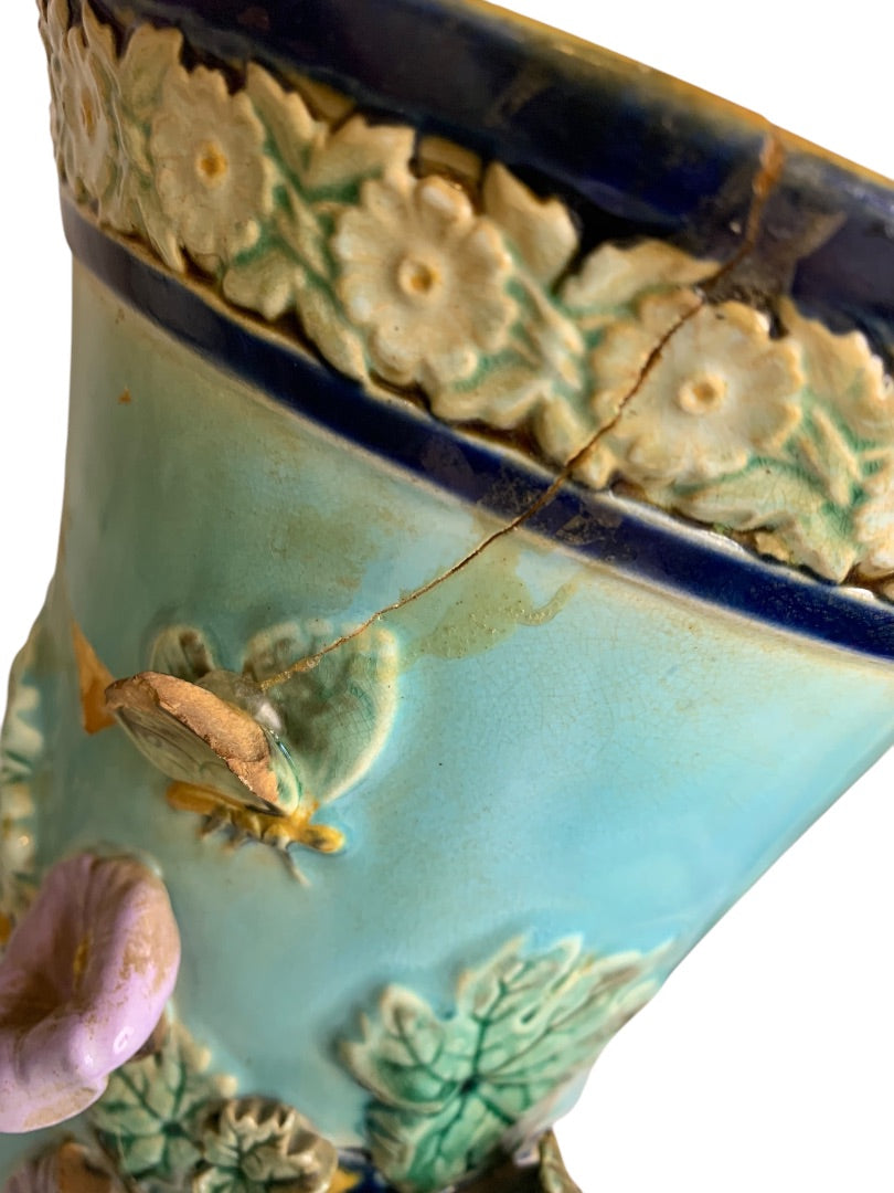 Antique Majolica Holdcroft Vase Wren Calla Lilies Cracks Chips 10.5"