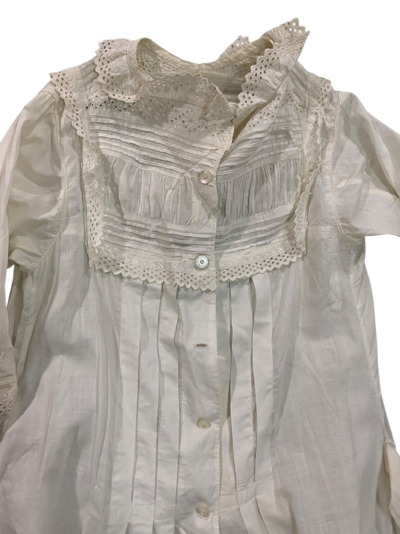 Antique Victorian Girls Gown Dress Eyelet 1800s Button Front Sash