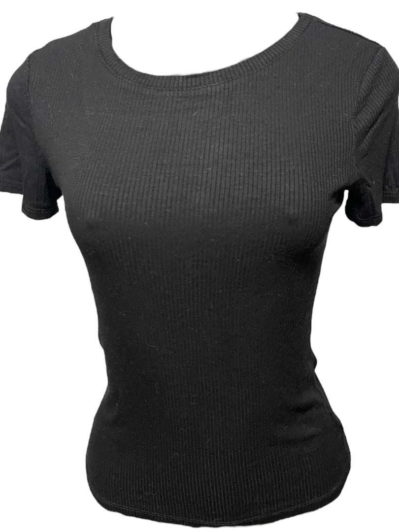 Medium Hashtag In Trend Short Sleeve Ribbed Womens Top Black
