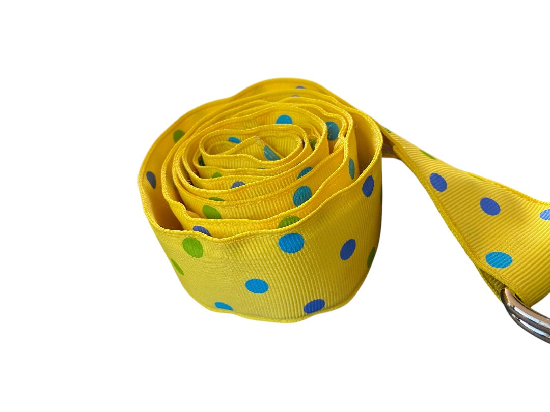XL Womens D-Ring Ribbon Belt Preppy Yellow Polka Dot 1.5 Inch Width