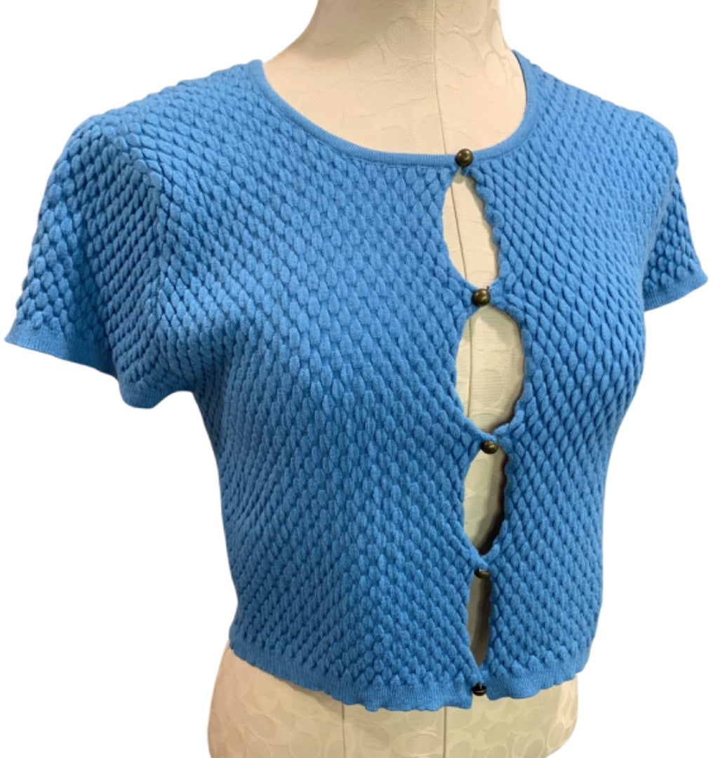 Large Kendall & Kylie Junior Womens Blue Textured Short Sleeve Cardigan Sweater