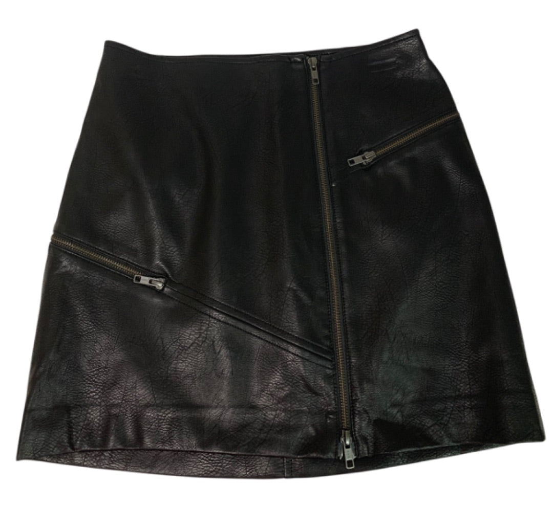 Small Leith Black Moto Style Vegan Leather Mini Skirt 15" Length