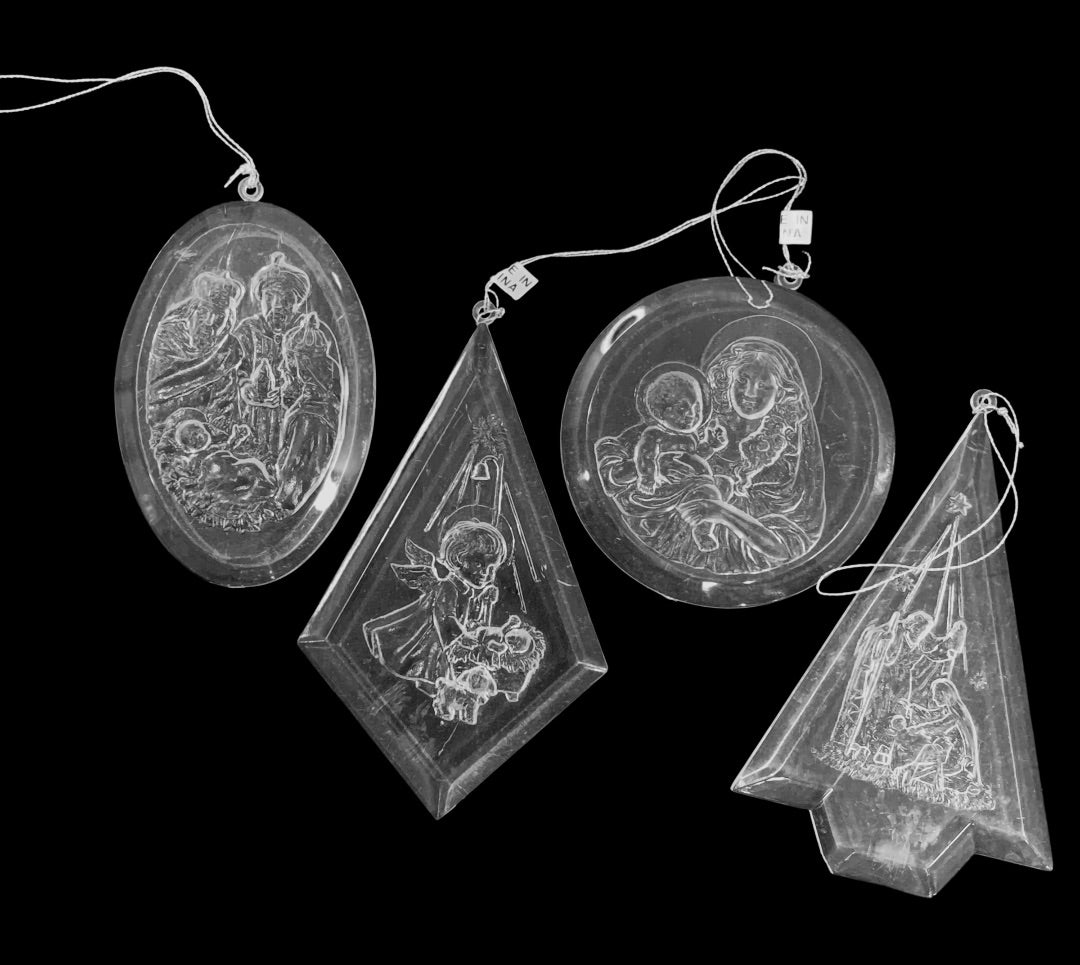 Vintage Lot of 4 Acrylic Clear Ornaments Christmas Nativity 3 Inch