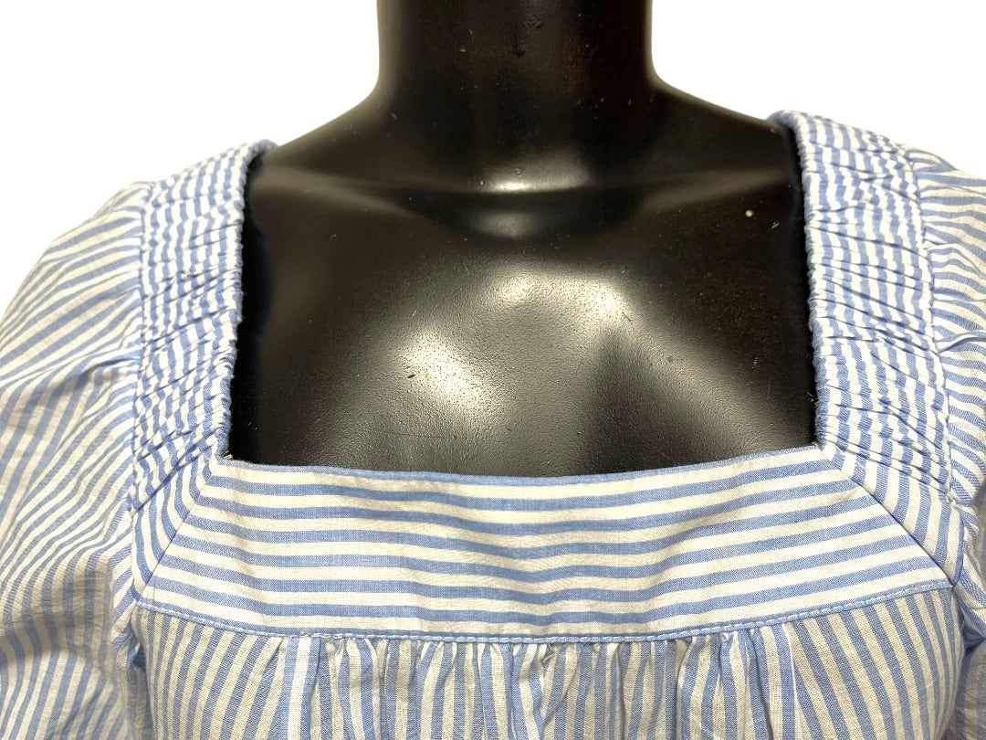 XS Loft Womens Flowy Blouse Shirt Striped Embroidered Blue White