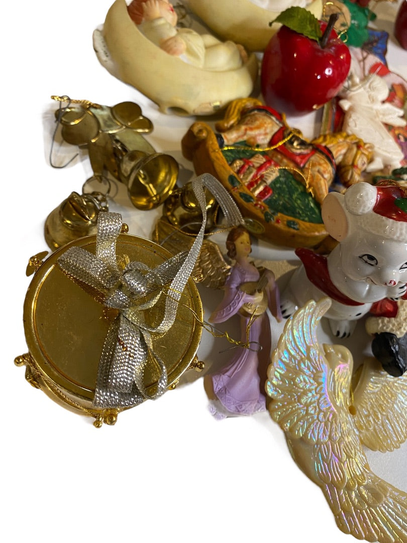 Lot of 25 Assorted Hanging Holiday Ornaments Bells Apple Drum Angel