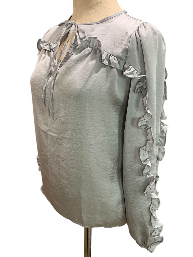XXSP Loft Petites Womens Gray Satiny Pullover Blouse Ruffle Detail