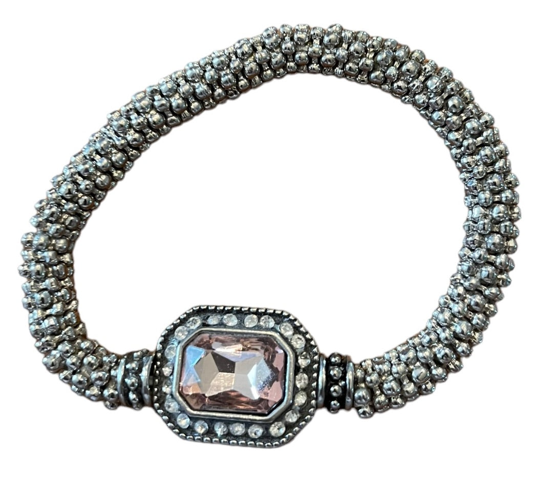 Silvertone Roll On Stretch Bracelet Pink Faceted Glass