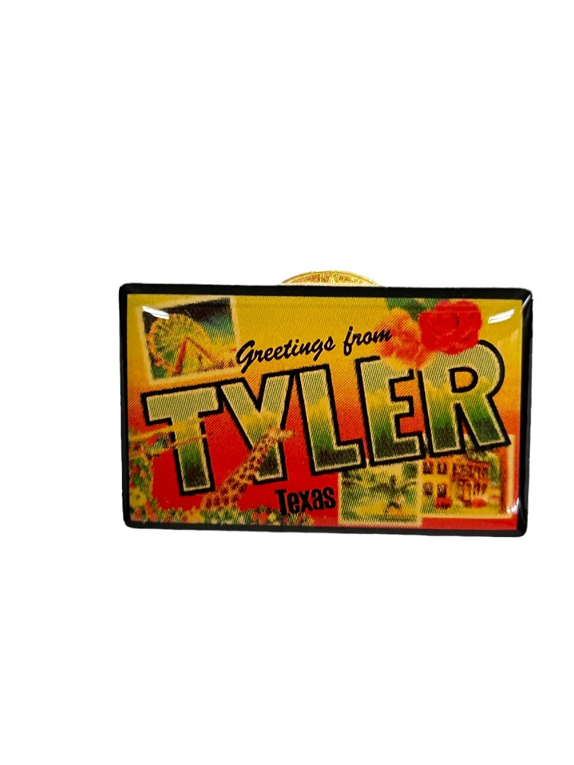 Tyler Texas Resin Lapel Pin Red Rose 1" Greetings From Postcard Style