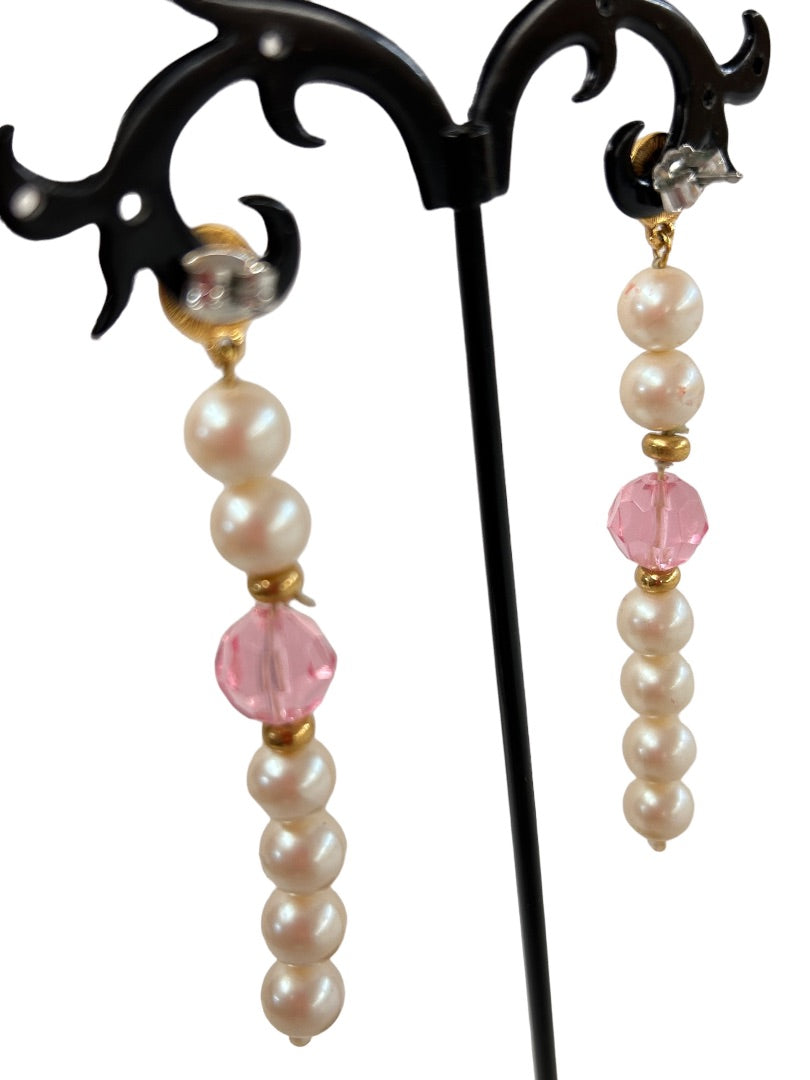 Vintage 3" Dangle Drop Earrings Post Pierced Faux Pearl Pink Beads