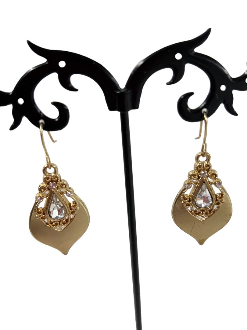 Goldtone Pierced Hook Earrings 1 3/4" Drop Dangle Teardrop Shape