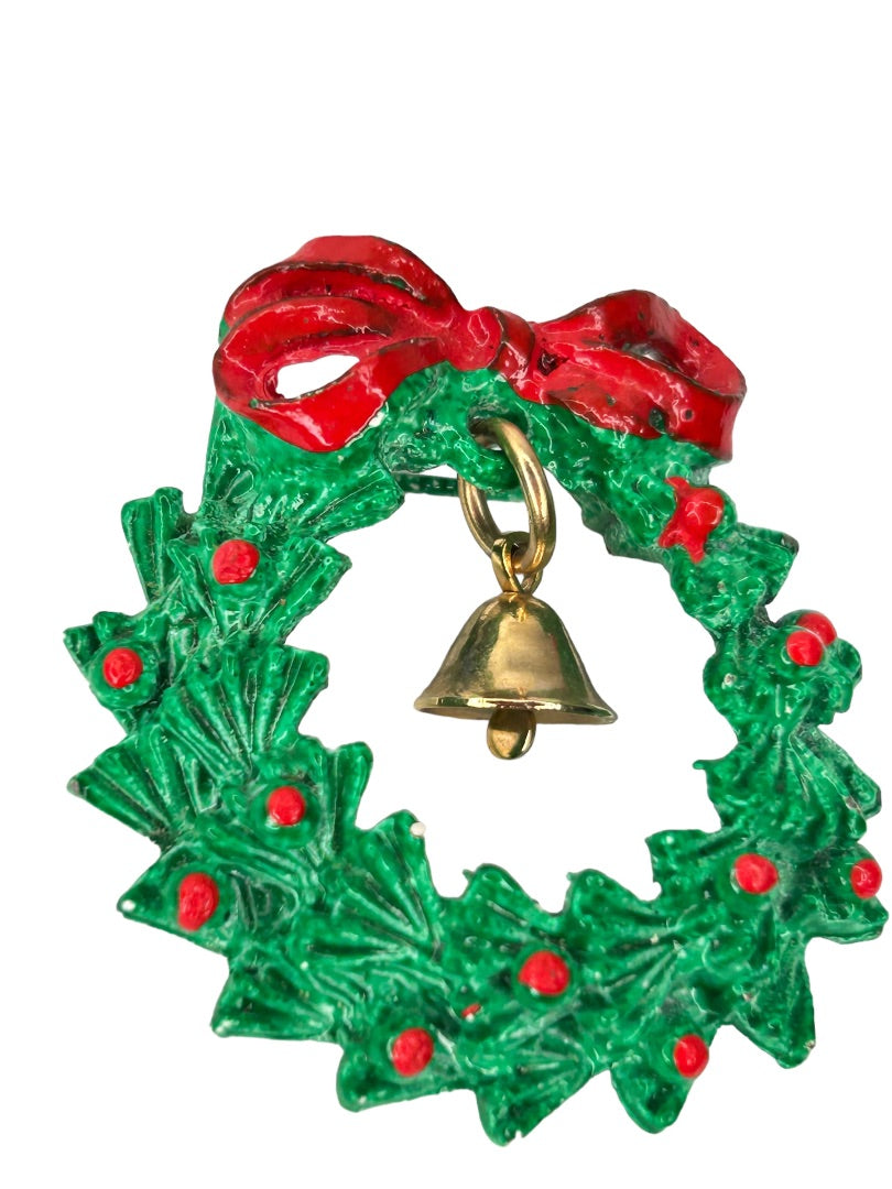Vintage Holiday Christmas Wreath with Bell Brooch Pin 1 5/8" Diameter