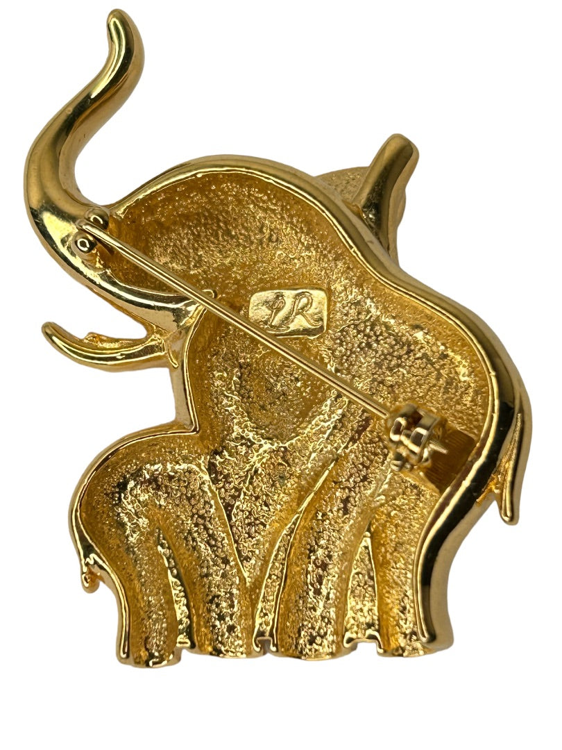 Vintage Goldtone Signed LR Lady Remington Mom Baby Elephant Figural Brooch Pin