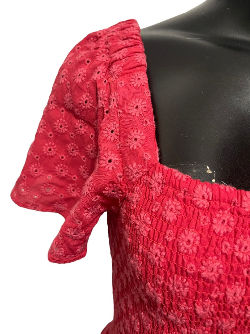 XS Madewell Eyelet Lucie Smocked Mini Dress Pockets Pink