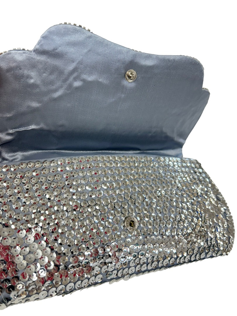Vintage 1960s Silver Sequin Clutch Handbag Satin Interior 8" x 4.5"