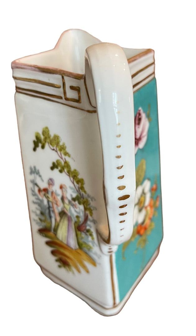 Vintage German Dresden Jug Pitcher Victorian Serenade Scene Handled Teal