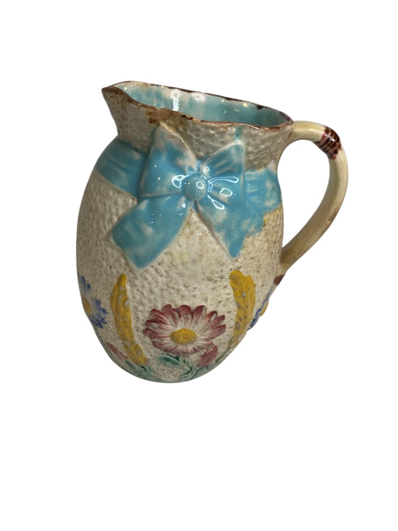 Antique Simon Fielding Majolica Pitcher Pottery Wildflower Blue Bow 4.5 Inch