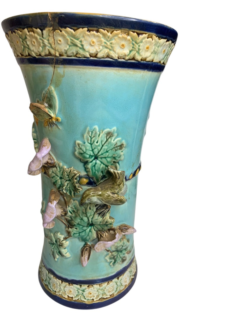 Antique Majolica Holdcroft Vase Wren Calla Lilies Cracks Chips 10.5"