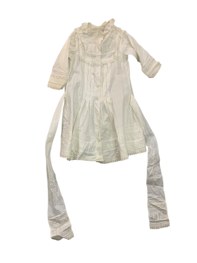 Antique Victorian Girls Gown Dress Eyelet 1800s Button Front Sash