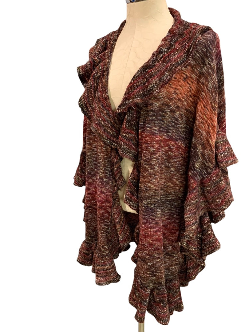 Small Medium Chicos Ruffle Knit Ruana Multi Color Open Cardigan Sweater