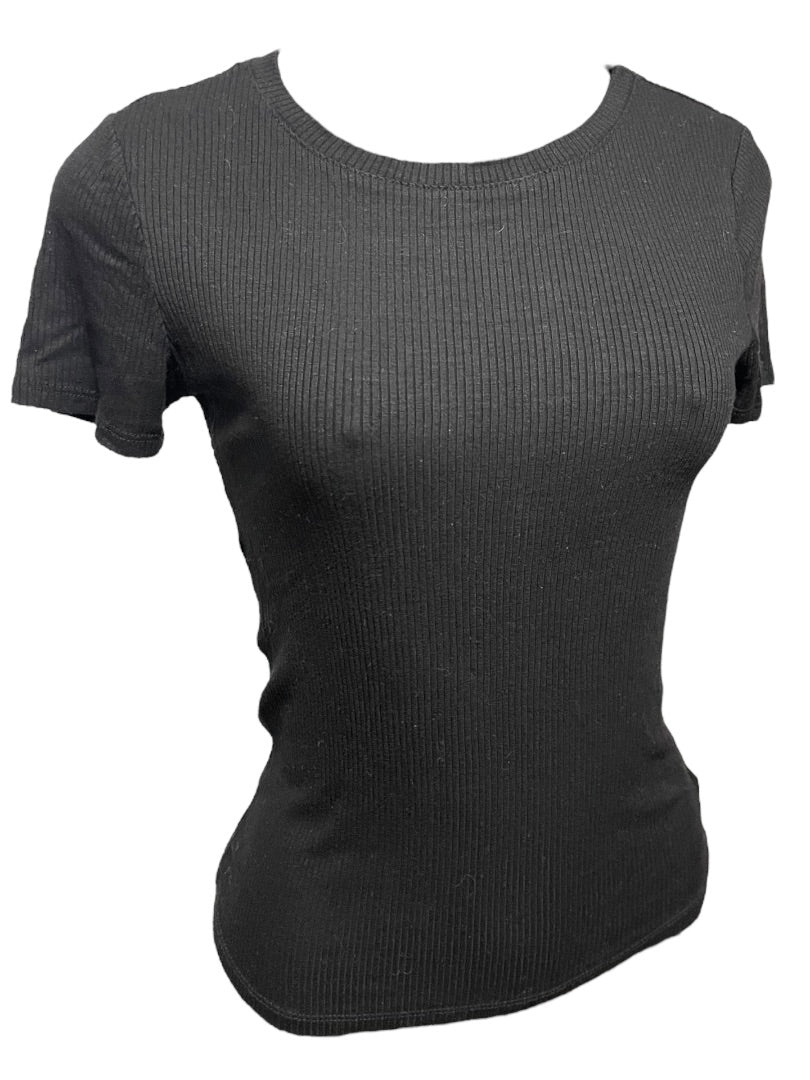 Medium Hashtag In Trend Short Sleeve Ribbed Womens Top Black