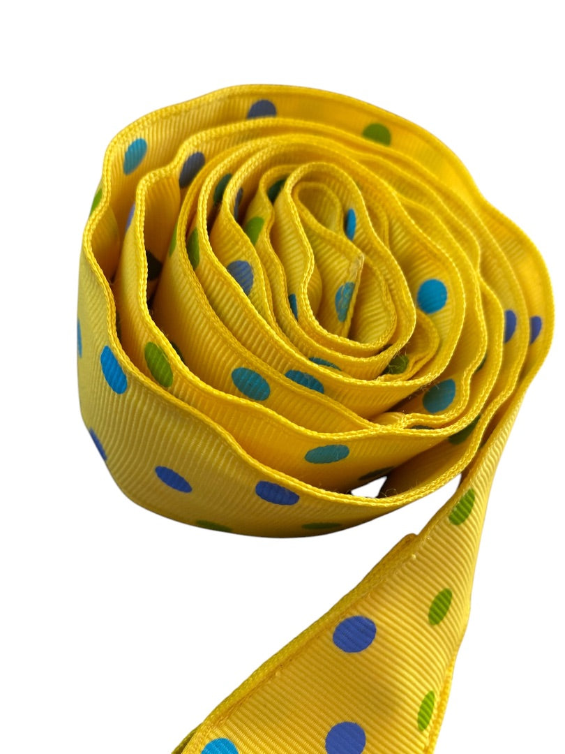 XL Womens D-Ring Ribbon Belt Preppy Yellow Polka Dot 1.5 Inch Width