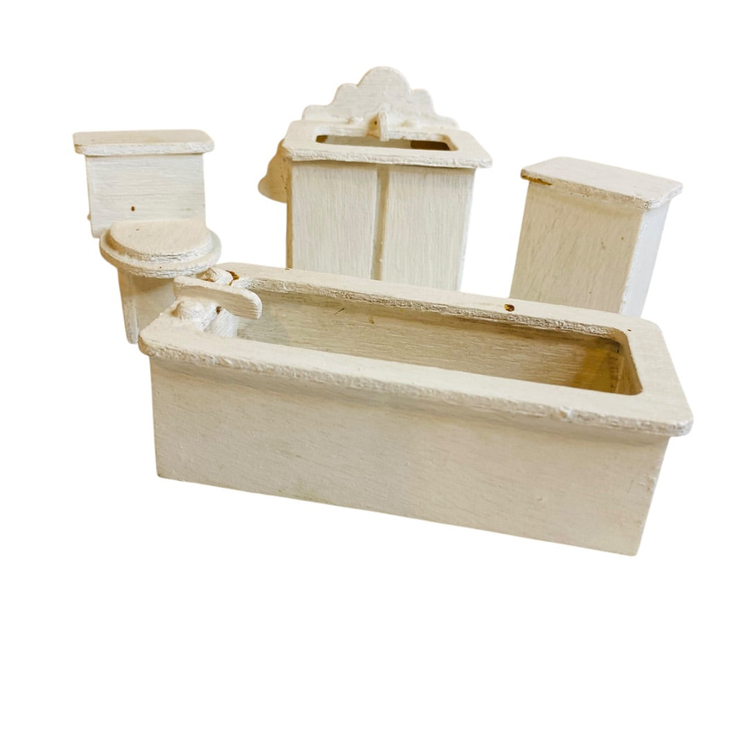 1980s Wooden Dollhouse Miniature White Set of 4 Bathroom Sink Tub Hamper Toilet