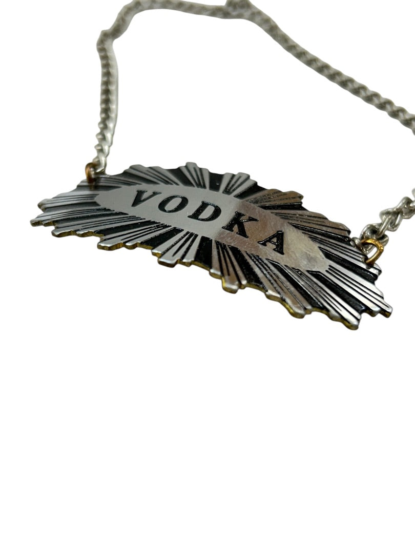 Silvertone Vodka Label Tag on Chain Starburst Design 2 Inch