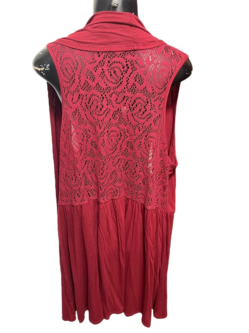 XL Coldwater Creek Womens Burgundy Open Vest Tunic Lace Detail