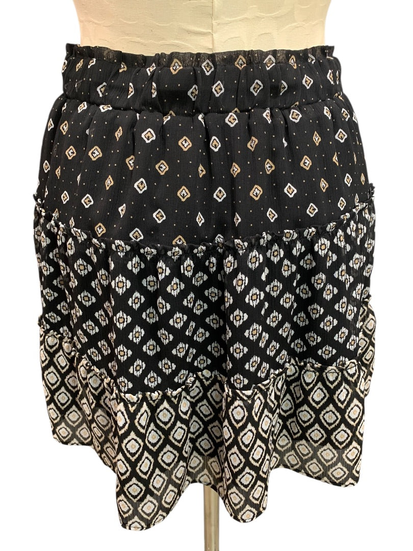 Small Petite Loft Pull on Skirt Black White Tan Pattern Lined