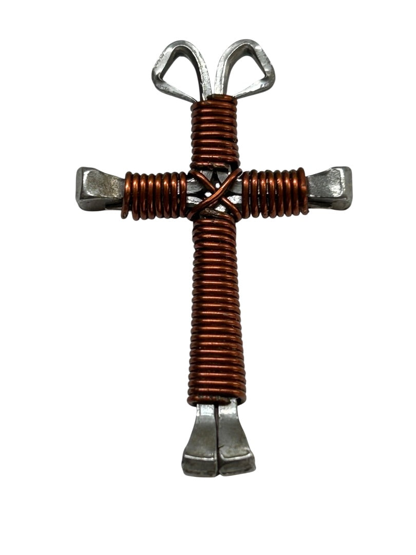 Silvertone and Copper Color Wrapped Cross Pendant Funky 1.75"