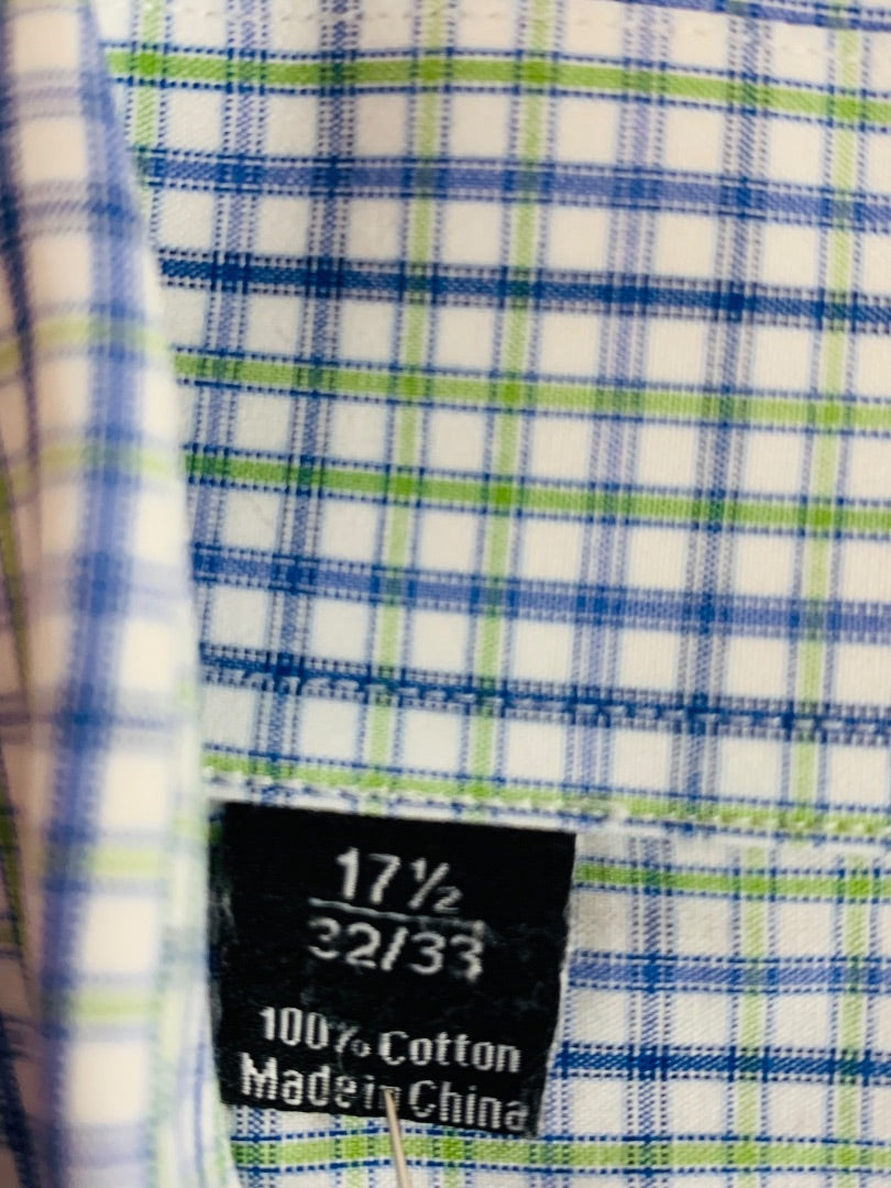17.5 (32/33) David Donahue Mens Button Up Dress Shirt Plaid Blue Green