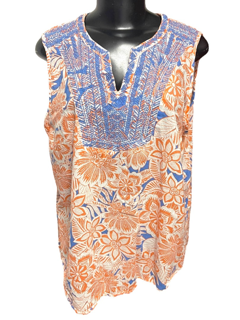 XL Talbots Floral Embroidered Cotton Sleeveless Shirt Boho Pullover