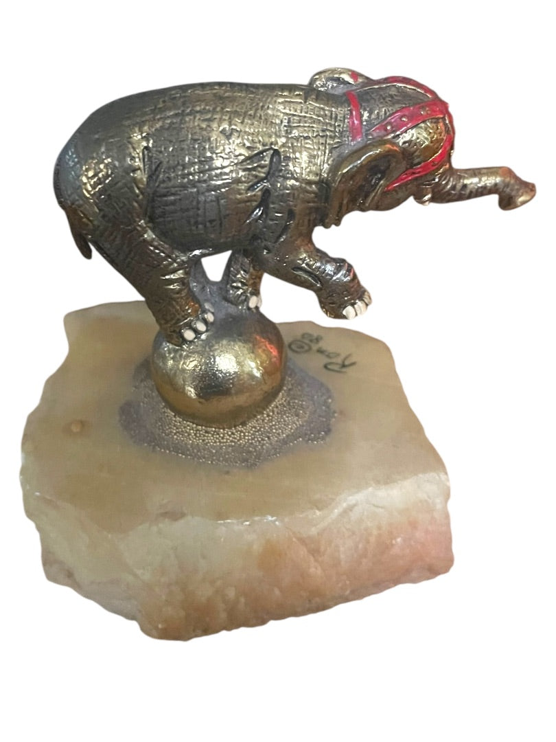 1980 Ron Lee Sculpture Circus Elephant on Ball Quartz Signed Goldtone