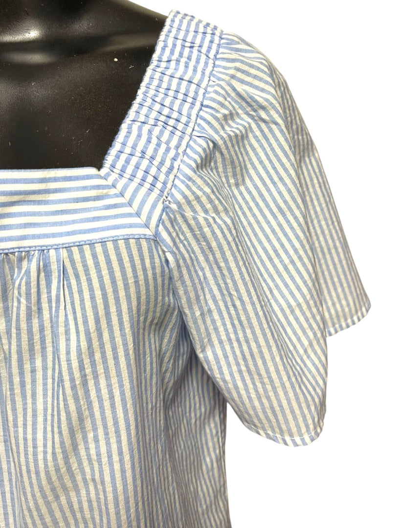XS Loft Womens Flowy Blouse Shirt Striped Embroidered Blue White