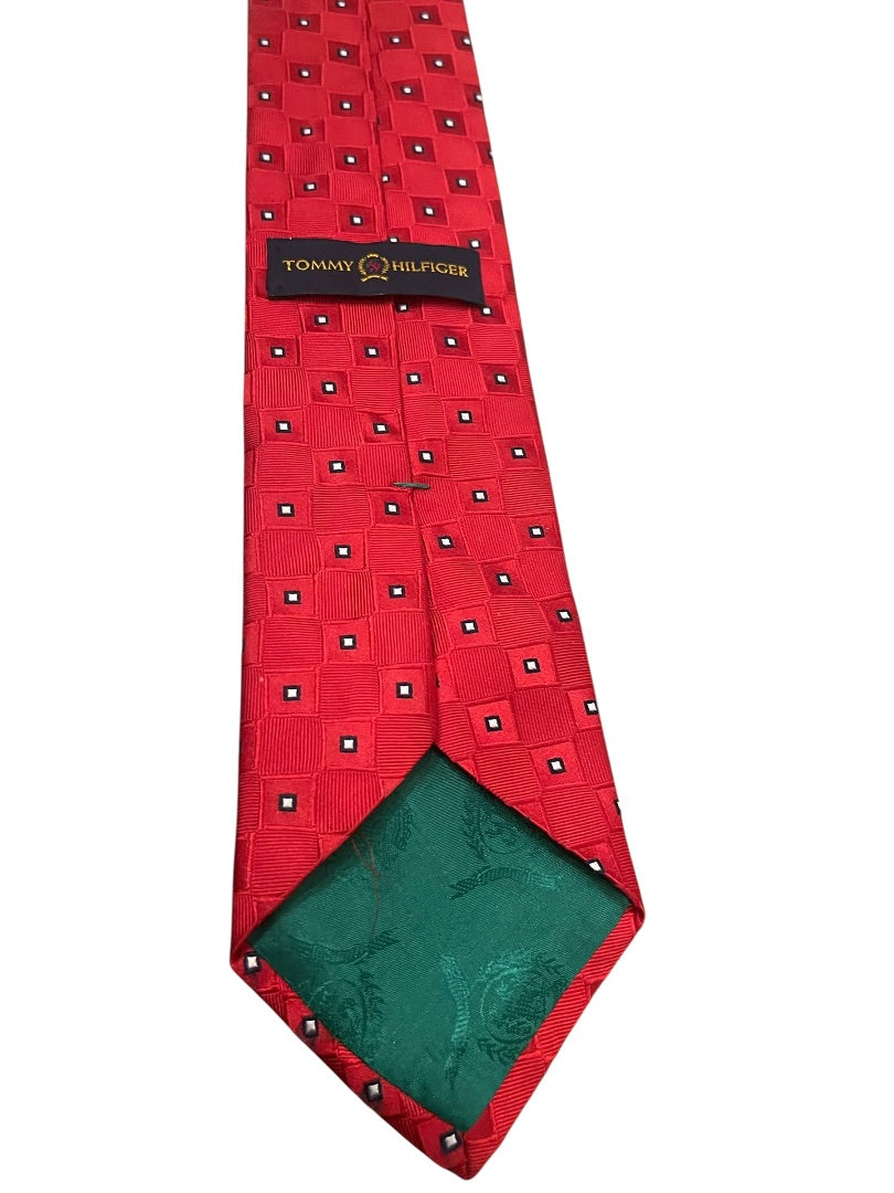 Tommy Hilfiger 100% Silk Classic Block Pattern Tie Red Mens Necktie 58"