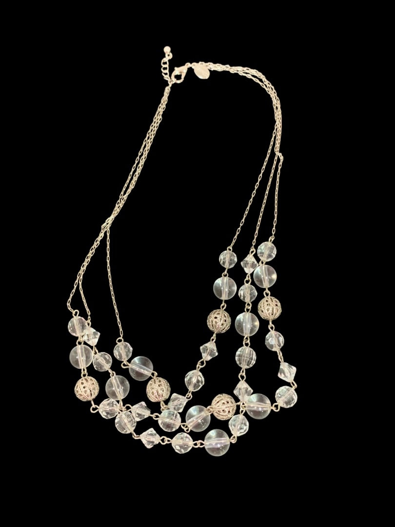 Express Multistrand Silvertone Necklace Clear Beads 16 Inch