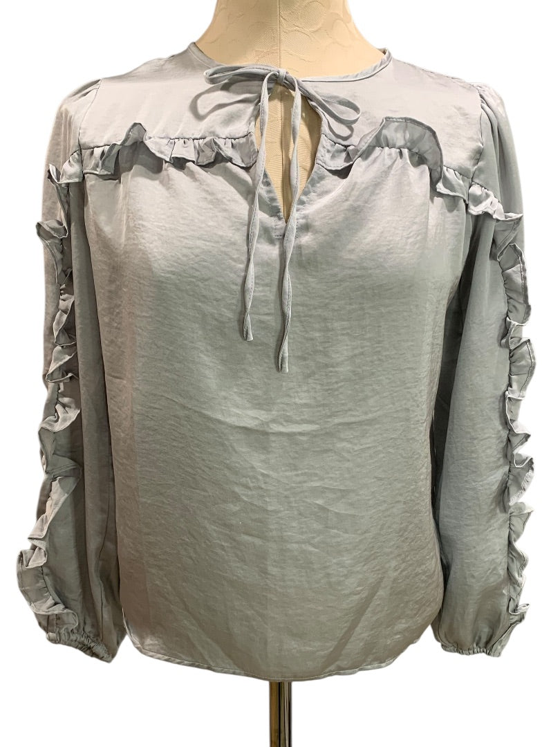 XXSP Loft Petites Womens Gray Satiny Pullover Blouse Ruffle Detail