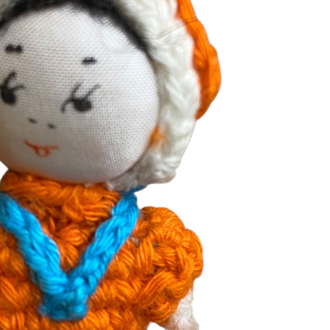 Vintage Amigurumi Japanese Crochet Girl Doll 2" Silk Face Orange