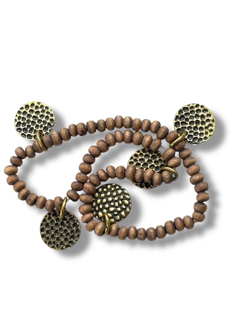 Delicate Brown Beaded Stretch Bracelet Medallion Charms