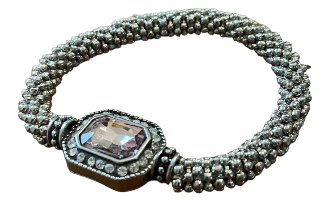Silvertone Roll On Stretch Bracelet Pink Faceted Glass