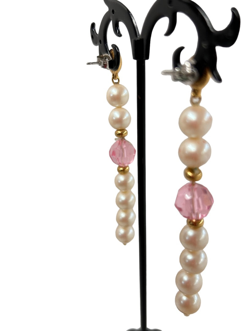 Vintage 3" Dangle Drop Earrings Post Pierced Faux Pearl Pink Beads