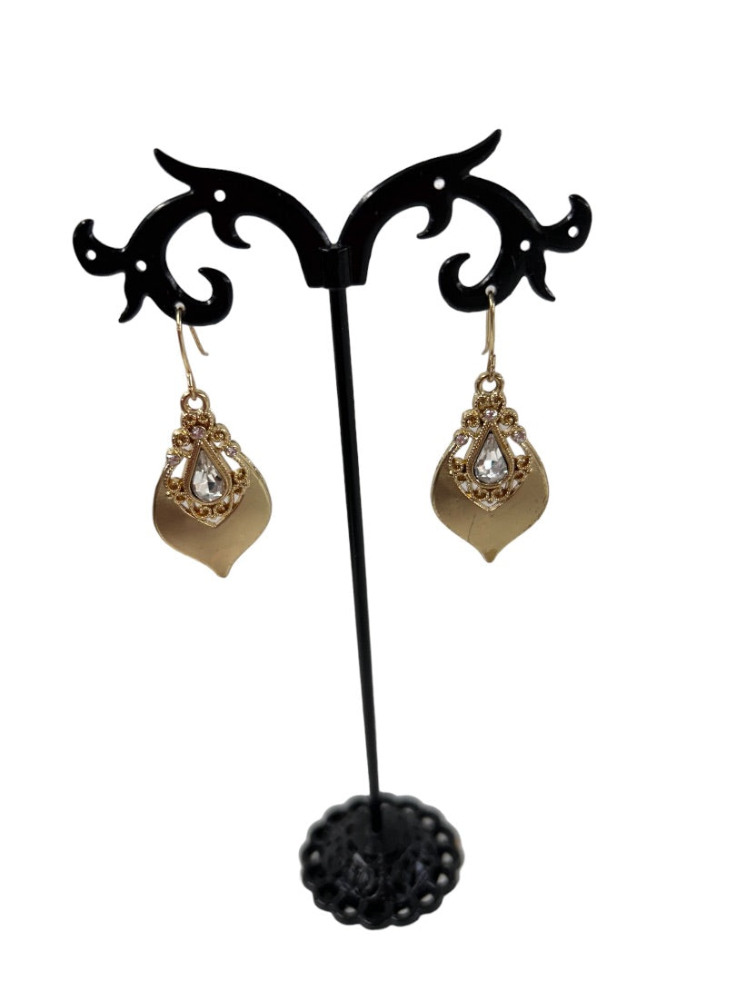 Goldtone Pierced Hook Earrings 1 3/4" Drop Dangle Teardrop Shape