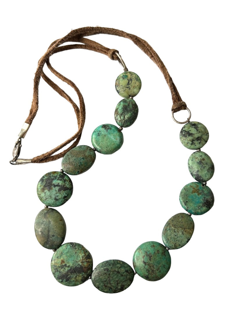 Natural Green Stone Flat Lay Necklace 22" on Leather Cord Lobster Clasp