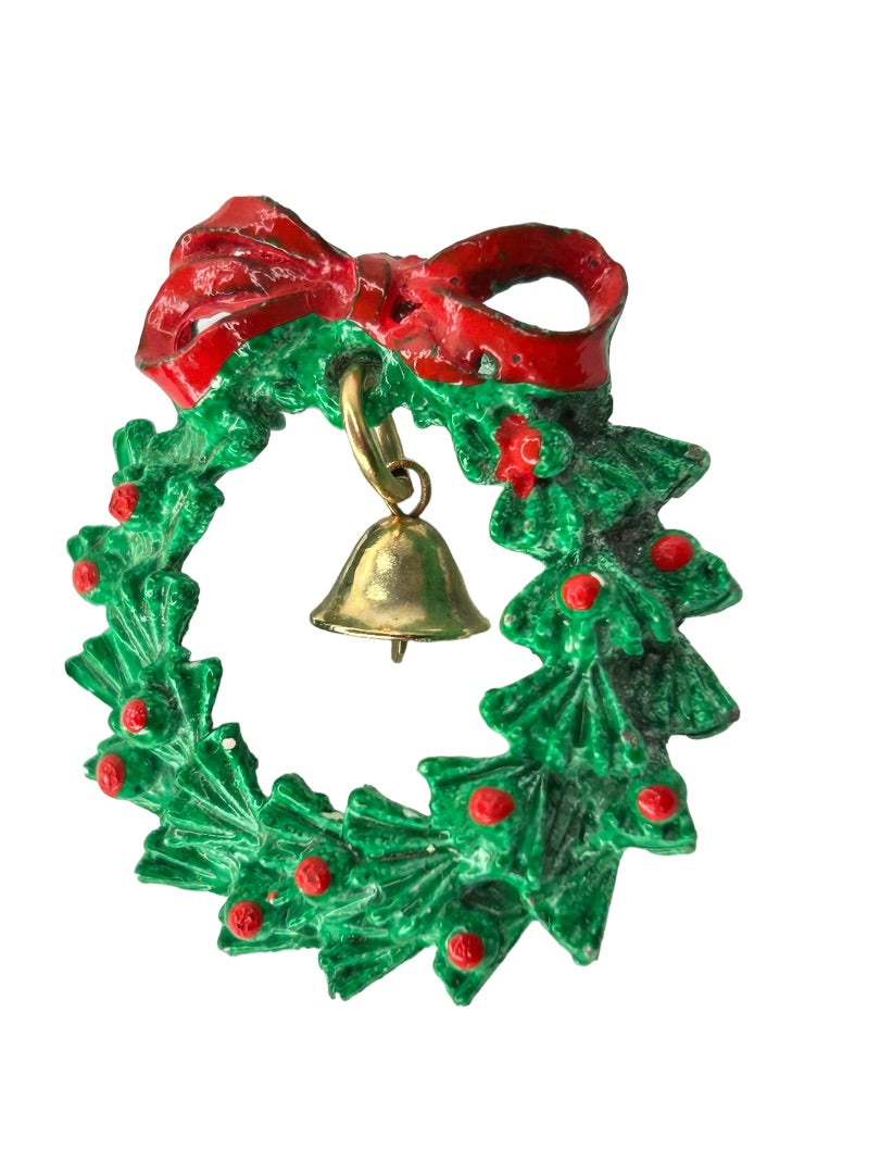 Vintage Holiday Christmas Wreath with Bell Brooch Pin 1 5/8" Diameter