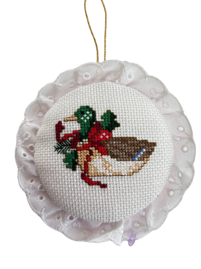 Set of 3 Handmade Cross Stitch Holiday Ornament Angel Duck Horn 2" Diameter